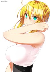 Rule 34 | 1girl, ahoge, artoria pendragon (fate), artoria pendragon (lancer) (fate), blonde hair, blouse, blue eyes, braid, braided bun, breasts, commentary request, fate/grand order, fate (series), hair bun, hair up, hand in own hair, highres, large breasts, looking at viewer, mattari yufi, parted lips, shirt, sidelocks, simple background, sleeveless, sleeveless shirt, smile, solo, twitter username, upper body, white background