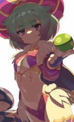 Rule 34 | 1girl, arm support, blue gloves, breasts, commentary request, detached sleeves, fate/grand order, fate (series), fingerless gloves, food, gloves, green hair, grin, hand up, hat, highres, holding, holding food, locusta (fate), long sleeves, looking at viewer, monosenbei, multicolored hair, mushroom, nail polish, puffy long sleeves, puffy sleeves, purple eyes, purple hair, purple hat, purple nails, purple sleeves, revealing clothes, simple background, small breasts, smile, solo, streaked hair, white background