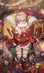 Rule 34 | 1girl, absurdres, ahoge, breasts, christmas, christmas present, closed mouth, couch, dress, gift, hat, high collar, highres, laevateinn (phantom of the kill), large breasts, medium breasts, phantom of the kill, red eyes, red footwear, santa dress, santa hat, sideboob, sitting, sleeves past wrists, solo, toy, upper body, wklnzq