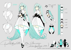 Rule 34 | 1girl, absurdly long hair, aqua bow, aqua hair, arms up, back bow, black bow, black footwear, bow, character name, character sheet, colored shoe interior, commentary request, copyright name, copyright notice, crossed legs, dress, elbow gloves, english text, full body, gloves, grey background, hair between eyes, hatsune miku, high heels, long hair, looking at viewer, miku symphony (vocaloid), rella, sash, shoes, shoulder sash, simple background, sleeveless, sleeveless dress, standing, thighhighs, twintails, two-sided ribbon, two-sided sash, very long hair, vocaloid, white dress, white gloves, white thighhighs, zettai ryouiki