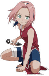 Rule 34 | &gt;:(, 1girl, bandages, bandaged leg, bandages, bare arms, bare shoulders, between legs, blue shorts, blush, closed mouth, collarbone, fighting stance, forehead, full body, green eyes, hairband, hand between legs, haruno sakura, highres, holding, holding weapon, kunai, looking at viewer, naruto, naruto (series), nose blush, on one knee, pink hair, red vest, short hair, shorts, solo, toeless footwear, toes, vest, weapon, white hairband, yamamoto souichirou, zipper