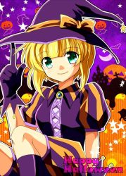 Rule 34 | 1girl, blonde hair, breasts, closed mouth, gloves, golden sun, green eyes, halloween, halloween costume, happy halloween, hat, jack-o&#039;-lantern, looking at viewer, pumpkin, sheba (golden sun), short hair, smile, solo, star (symbol), striped, witch hat