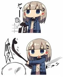 Rule 34 | 1girl, 2koma, blue eyes, blue jacket, blunt bangs, blush stickers, closed mouth, collared shirt, comic, commentary request, copyright request, empty eyes, expressionless, faucet, femdom, grey hair, hair ornament, hairclip, jacket, kanikama, long sleeves, masochism, neck ribbon, open clothes, open jacket, ribbon, shirt, simple background, slapping, vest, white background