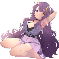 Rule 34 | 1girl, absurdres, armpits, arms up, bare shoulders, black choker, breasts, choker, closed mouth, crescent, crescent hair ornament, double bun, dress, grey background, hair between eyes, hair bun, hair ornament, hands up, highres, leaf, long hair, looking at viewer, medium breasts, necono (nyu6poko), one eye closed, panties, patchouli knowledge, purple dress, purple eyes, purple hair, purple panties, sitting, sleeveless, sleeveless dress, solo, sunlight, touhou, underwear, wariza, white background