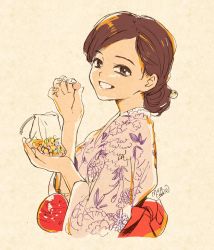 Rule 34 | 1girl, bag, beige background, brown eyes, brown hair, candy, derivative work, floral print, food, grin, hair bun, highres, holding, holding candy, holding food, japanese clothes, long hair, looking at viewer, mojacookie, original, portrait, real life, signature, single hair bun, smile, solo, upper body