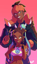 Rule 34 | 1boy, 1girl, absurdres, blue eyes, blue hair, commentary, cowboy shot, creatures (company), dark-skinned female, dark-skinned male, dark skin, earrings, english commentary, game freak, gloves, gradient background, hand on own hip, headband, highres, hoop earrings, jewelry, looking to the side, micro (antisocialmicro), nessa (pokemon), nintendo, pink background, pokemon, pokemon swsh, raihan (pokemon), smile, sports bra, sweater, v
