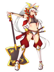 Rule 34 | 1girl, armor, axe, battle axe, bell, breasts, dean (momodean), greaves, groin, hand on own hip, highres, horns, long hair, navel, open mouth, original, ponytail, shiny skin, short shorts, shorts, sideboob, silver hair, solo, sword, very long hair, weapon, white background, yellow eyes