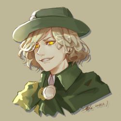 Rule 34 | 1boy, blonde hair, brown background, dated, edmond dantes (fate), fang, fate/grand order, fate (series), green hat, hat, luozhou pile, male focus, portrait, signature, sketch, smile, solo, yellow eyes