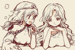Rule 34 | 2girls, arm on table, bare shoulders, bracelet, circlet, clenched hand, closed mouth, detached sleeves, dress, elbows on table, eyelashes, frilled dress, frills, jewelry, long hair, long sleeves, looking at another, low twintails, medium hair, multiple girls, open mouth, own hands together, sakata nemuno, shukinuko, single sleeve, single strap, sketch, sleeveless, sleeveless dress, smile, son biten, touhou, twintails, wavy hair, wide sleeves, yellow background