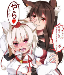 Rule 34 | 2girls, animal ears, arms up, biting, blunt bangs, blush, breasts, brown hair, cheek pinching, detached sleeves, dress, ear biting, eyebrows, fang, fang out, fox tail, grabbing, grabbing another&#039;s breast, grabbing from behind, hair between eyes, hat, heart, highres, imaizumi kagerou, inubashiri momiji, large breasts, long sleeves, motion blur, multiple girls, nail polish, open mouth, pinching, pink eyes, pom pom (clothes), red eyes, red hat, red nails, sharp teeth, shouting, simple background, smile, speech bubble, sweatdrop, tail, talking, teeth, text focus, thick eyebrows, tobinoki (dannbouru9345), tokin hat, tooth, touhou, translation request, trembling, upper body, vest, white background, white dress, white hair, white nails, white vest, wide sleeves, wolf ears, yuri