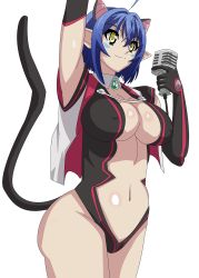 Rule 34 | 10s, 1girl, absurdres, ahoge, animal ears, armpits, artist request, black leotard, blue hair, breasts, cable, cat demon girl (shinmai maou no testament burst), cat ears, cat tail, cleavage, covered erect nipples, cowboy shot, curvy, elbow gloves, from side, gem, gloves, green gemstone, hair between eyes, hair intakes, highleg, highleg leotard, highres, horns, large breasts, legs together, leotard, navel, no bra, pointy ears, revealing clothes, shinmai maou no testament, shiny skin, smile, solo, standing, tail, thighs, transparent background, underwear, yellow eyes