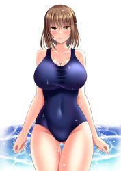Rule 34 | 1girl, absurdres, blue one-piece swimsuit, breasts, brown eyes, brown hair, cleavage, cless (tamaota), commentary, cowboy shot, english commentary, gluteal fold, highres, large breasts, looking at viewer, one-piece swimsuit, original, school swimsuit, short hair, simple background, solo, swimsuit, wet, wet clothes, wet swimsuit, white background