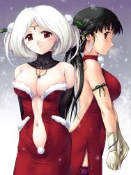 Rule 34 | 2girls, albino, armband, arms behind back, black hair, blush, bracelet, breasts, center opening, christmas, cleavage, dress, earrings, elbow gloves, feathers, gloves, hair ornament, highres, jewelry, large breasts, long hair, multiple girls, navel, necklace, outdoors, purple thighhighs, red dress, red eyes, santa costume, short hair, snow, thighhighs, turtleneck, white hair, zundarepon