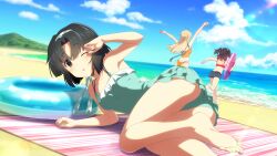 3girls ahoge arms_up asakura_mihono ass back barefoot beach beach_mat bikini bikini_shorts black_hair blonde_hair blue_sky breasts brown_hair cloud collarbone day feet frilled_bikini frills game_cg green_hairband green_one-piece_swimsuit grey_eyes hairband holding holding_swim_ring innertube kohagura_ellen long_hair looking_at_viewer lying medium_hair multiple_girls musumi_kiyoka ocean official_art on_side one-piece_swimsuit one_eye_closed orange_bikini outdoors parted_bangs parted_lips polka_dot_hairband red_bikini running sand short_hair shorts sky solo_focus swim_ring swimsuit toji_no_miko toji_no_miko:_kizamishi_issen_no_tomoshibi two_side_up water