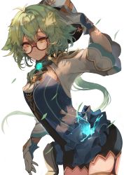 Rule 34 | 1girl, absurdres, animal ears, floppy ears, fox ears, fox girl, genshin impact, glasses, gloves, gradient hair, green hair, hat, highres, long hair, long sleeves, looking to the side, multicolored hair, revealing clothes, short shorts, shorts, sucrose (genshin impact), takena-c, thighhighs, vision (genshin impact), white background, yellow eyes