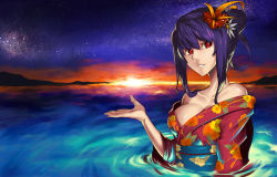 Rule 34 | 1girl, bad id, bad pixiv id, bare shoulders, breasts, cleavage, flower, hair bun, hair flower, hair ornament, highres, japanese clothes, jjune, kimono, large breasts, mountain, off shoulder, original, purple hair, red eyes, single hair bun, sky, smile, solo, star (sky), starry sky, sunset, wading, water