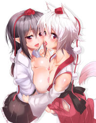 Rule 34 | 1boy, 1girl, after kiss, animal ears, asymmetrical docking, bare shoulders, black hair, blush, breast press, breasts, bulge, crossdressing, detached sleeves, erection, erection under clothes, fingering, french kiss, genderswap, genderswap (ftm), hakama, hakama skirt, handjob, hetero, highres, inubashiri momiji, japanese clothes, karochii, kiss, large breasts, looking at viewer, nipples, open mouth, penis, pointy ears, pom pom (clothes), precum, red eyes, red hakama, saliva, saliva trail, shameimaru aya, short hair, simple background, skirt, tail, tears, tongue, tongue out, touhou, trap, white background, white hair, wolf ears, wolf tail