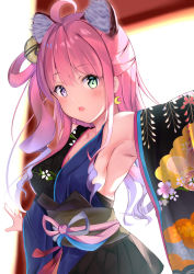 Rule 34 | 1girl, ahoge, animal ear fluff, animal ears, armpits, bell, blush, breasts, commentary request, crescent, crescent earrings, detached sleeves, earrings, extra ears, fang, floral print, gradient hair, green eyes, hair bell, hair ornament, hair rings, highres, himemori luna, hololive, japanese clothes, jewelry, jingle bell, kimono, looking at viewer, medium breasts, multicolored hair, neko usagi (nekousagi jpn), one side up, open mouth, parted lips, pink hair, print shirt, purple eyes, purple hair, shirt, solo, two-tone kimono, upper body, virtual youtuber