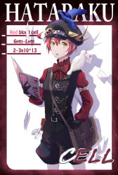 Rule 34 | 10s, 1girl, ae-3803, ahoge, alternate costume, animal, animal on head, bad id, bad pixiv id, bag, bird, bird on head, black gloves, black hat, black legwear, bookbag, bow, bowtie, breasts, byuey, cabbie hat, character name, cowboy shot, english text, envelope, gears, gloves, hat, hataraku saibou, highres, key, long sleeves, looking at viewer, name tag, on head, open mouth, pigeon, red blood cell (hataraku saibou), red hair, red shirt, shadow, shirt, short hair, shorts, small breasts, solo, vest, yellow eyes