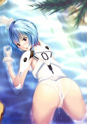 Rule 34 | 1girl, adapted costume, all fours, ass, ayanami rei, bad id, bad pixiv id, bar censor, blue hair, blush, bracer, cameltoe, censored, clenched hand, elbow gloves, embarrassed, from above, gloves, iga (nonono tsuushin), koyasugai, legs apart, leotard, looking at viewer, looking back, neon genesis evangelion, open mouth, outdoors, panties, pilot suit, plugsuit, pussy, red eyes, see-through, short hair, solo, tree, turtleneck, underwear, water, wet, wet clothes, wet panties, white gloves