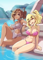 Rule 34 | 2girls, absurdres, bikini, blonde hair, breasts, brown eyes, brown hair, caffeccino, cleavage, closed eyes, clothing cutout, copyright request, covered erect nipples, dark-skinned female, dark skin, grey one-piece swimsuit, hairband, highres, large breasts, long sleeves, looking at viewer, multiple girls, navel, one-piece swimsuit, open mouth, pink bikini, ponytail, shadow, sharkini, single-shoulder one-piece swimsuit, single bare shoulder, smile, soaking feet, stomach cutout, swimsuit, water, watermark, web address, white hairband