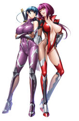 00s 2girls arm_guards armor armored_boots arms_at_sides bare_shoulders blue_hair blunt_bangs bodystocking bodysuit boots breasts breasts_apart center_opening closed_mouth collarbone covered_erect_nipples covered_navel crossed_bangs curvy dark_blue_hair dual_wielding elbow_gloves evil_grin evil_smile female_focus fishnets full_body game_cg gloves green_eyes grin groin head_tilt high_collar high_heel_boots high_heels highleg highleg_leotard holding holding_sword holding_weapon igawa_asagi impossible_clothes impossible_leotard kagami_hirotaka large_breasts legs leotard lilith-soft lips lipstick long_hair long_legs looking_at_another looking_at_viewer makeup midriff multiple_girls naughty_face navel oboro_(taimanin_asagi) official_art parted_lips ponytail purple_eyes purple_footwear purple_gloves purple_hair purple_leotard red_eyes red_leotard red_lips reverse_grip shiny_clothes shiny_skin shoes shoulder_pads simple_background skin_tight smile solo standing sword taimanin_(series) taimanin_asagi taimanin_rpgx thigh_boots thigh_gap thighhighs thighs transparent_background very_long_hair weapon wide_hips