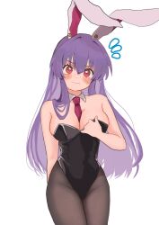 Rule 34 | 1girl, animal ears, black leotard, black pantyhose, blush, breasts, cleavage, closed mouth, cowboy shot, detached collar, flying sweatdrops, hair between eyes, highres, large breasts, leotard, long hair, looking at viewer, medium breasts, pantyhose, purple hair, rabbit ears, red eyes, reisen udongein inaba, simple background, solo, strapless, strapless leotard, touhou, uchisaki himari, white background