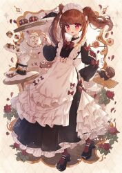 Rule 34 | 1girl, :d, absurdres, animal ears, apron, black dress, black footwear, blunt bangs, blush, bow, bowtie, brooch, brown bow, brown bowtie, brown hair, cake, cat ears, cat girl, coffee maker, commission, cookie, cup, dress, flower, food, frilled apron, frilled dress, frills, full body, hand on own hip, highres, holding, holding teapot, jewelry, layered dress, long hair, long sleeves, looking at viewer, maid, maid headdress, open mouth, original, pixiv commission, pouring, puffy long sleeves, puffy sleeves, red eyes, red flower, red rose, rose, shoes, sidelocks, smile, solo, teacup, teapot, tsukumi bis, twintails, white apron