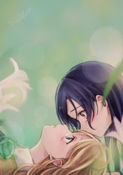 Rule 34 | 2girls, ayase eli, blonde hair, blue eyes, blue hair, blush, bow, bowtie, commentary request, couple, forehead, hair between eyes, highres, kiss, kissing forehead, long hair, looking at another, love live!, love live! school idol project, lying, multiple girls, on back, otonokizaka school uniform, school uniform, sonoda umi, striped bow, striped bowtie, striped clothes, striped neckwear, suito, vest, yellow eyes, yuri