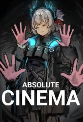 1girl absolute_cinema_(meme) ar5l0v1g arknights artist_name bird_girl black_feathers closed_eyes commentary dark-skinned_female dark_skin extra_arms feathers flower gloves grey_hair hair_flower hair_ornament head_wings highres meme pink_gloves raidian_(arknights) short_hair solo two-tone_gloves wings