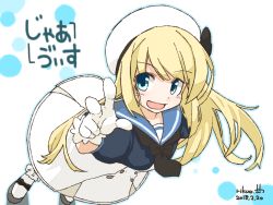 Rule 34 | 1girl, 2018, :d, beret, black bow, black neckerchief, blonde hair, blue eyes, blue sailor collar, bow, buttons, dated, dress, eyebrows, from above, gloves, grey footwear, hair between eyes, hat, jervis (kancolle), kantai collection, legs apart, long hair, neckerchief, open mouth, rikuo (whace), sailor collar, shoes, signature, smile, socks, solo, standing, straight hair, swept bangs, white dress, white gloves, white hat, white socks