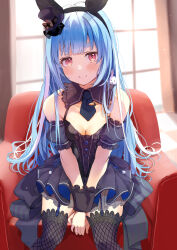Rule 34 | 1girl, absurdres, animal ears, armchair, black dress, blue hair, blush, breasts, chair, closed mouth, detached collar, detached sleeves, dress, fake animal ears, hat, highres, hololive, indoors, long hair, looking at viewer, manly, mini hat, mini top hat, necktie, nira (vira), pink eyes, puffy short sleeves, puffy sleeves, scattered hair, short necktie, short sleeves, sitting, small breasts, smile, solo, thick eyebrows, thighhighs, top hat, usada pekora, usada pekora (furi furi bunny dress), v arms, very long hair, virtual youtuber, wrist cuffs