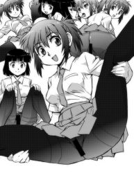 Rule 34 | 2girls, ass, bar censor, bent over, blush, censored, crotch seam, greyscale, kamisimo 90, kiss, monochrome, multiple girls, necktie, no panties, open mouth, original, pantyhose, school uniform, skirt, smile, spread legs, thighband pantyhose, thighhighs, tongue, tongue out, yuri