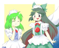 Rule 34 | 2girls, :d, ^ ^, apron, aqua dress, aqua hair, bird wings, bow, bowtie, cape, closed eyes, dress, feathered wings, green hair, hand on own face, hand up, long hair, maid headdress, multiple girls, nonamejd, official style, open mouth, parted bangs, puffy short sleeves, puffy sleeves, red bow, red bowtie, red eyes, reiuji utsuho, ruukoto, short sleeves, smile, teeth, third eye, third eye on chest, touhou, touhou (pc-98), upper teeth only, very long hair, white apron, wings, zun (style)