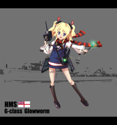 Rule 34 | + +, 1girl, absurdres, blonde hair, character name, english text, glowworm (warship girls r), hair between eyes, hair ornament, highres, kneehighs, letterboxed, long hair, official art, photo background, royal navy, scarf, sirills, socks, solo, sweater, turret, twintails, wand, warship girls r, wavy hair, zhan jian shaonu