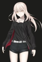 Rule 34 | 1girl, absurdres, artoria pendragon (all), artoria pendragon (fate), belt, black background, black jacket, black shirt, black shorts, blonde hair, breasts, cleavage, collarbone, cowboy shot, fate/stay night, fate (series), floating hair, frown, hair between eyes, highres, hood, hood down, hooded jacket, jacket, jewelry, lechiennoir, long hair, looking at viewer, medium breasts, necklace, official alternate costume, open clothes, open jacket, saber alter, saber alter (ver. shinjuku 1999) (fate), shirt, short shorts, shorts, simple background, solo, standing, thigh gap, yellow eyes