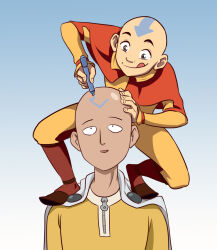 Rule 34 | 2boys, :p, aang, avatar: the last airbender, avatar legends, bald, bodysuit, cape, closed mouth, commentary, crossover, english commentary, hairstyle connection, hand on another&#039;s head, highres, jumpsuit, male focus, multiple boys, one-punch man, open mouth, pen, red cape, saitama (one-punch man), smile, tanya-buka, tattoo, tongue, tongue out, white cape, yellow bodysuit, yellow jumpsuit
