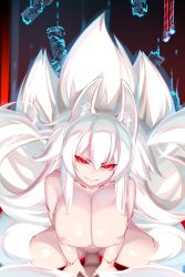 Rule 34 | 1boy, 1girl, absurdres, animal ear fluff, animal ears, blush, body markings, breasts, censored, cowgirl position, fox ears, fox girl, fox tail, girl on top, hetero, highres, kitsune, large breasts, long hair, looking at viewer, mole, mole under eye, mosaic censoring, multiple tails, nipples, original, parted lips, penis, red eyes, sex, shiki (psychedelic g2), smile, solo focus, straddling, tail, vaginal, white hair, white tail