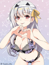Rule 34 | 1girl, bandages, blush, breasts, cleavage, goddess of victory: nikke, hair ornament, heart, heart hands, highres, large breasts, leaning forward, looking at viewer, medium breasts, modernia (nikke), panties, red eyes, ribbon, solo, tongue, tongue out, underwear, underwear only, white hair, yellow ribbon, yuzhi lier
