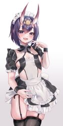 Rule 34 | 1girl, absurdres, black thighhighs, bob cut, breasts, fate/grand order, fate (series), hair ribbon, highres, horns, leehwa, looking at viewer, maid, maid headdress, oni, purple eyes, purple hair, ribbon, short hair, shuten douji (fate), skin-covered horns, skindentation, small breasts, smile, solo, thighhighs