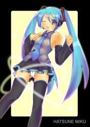 Rule 34 | 1girl, blouse, blue hair, blue necktie, cameltoe, character name, collared shirt, eyes visible through hair, frilled shirt, frills, grey shirt, hair between eyes, hatsune miku, long hair, necktie, panties, pantyshot, shirt, sleeveless, sleeveless shirt, solo, standing, thighhighs, twintails, underwear, very long hair, vocaloid, white panties, yellow background, yu yu, zettai ryouiki