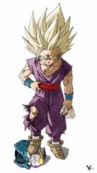 Rule 34 | 2boys, blonde hair, brown footwear, character request, closed mouth, collarbone, dougi, dragon ball, dragonball z, full body, green eyes, hand on own hip, highres, holding cloth, initial, kakeru (dbskakeru), looking at viewer, male focus, multiple boys, official style, pants, pectoral cleavage, pectorals, purple pants, purple shirt, red sash, sash, serious, severed head, shadow, shirt, simple background, sleeveless, socks, son gohan, spiked hair, standing on another&#039;s head, super saiyan, super saiyan 2, toriyama akira (style), torn clothes, torn pants, white background, white socks