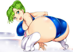 Rule 34 | 1girl, ass, bare arms, blue eyes, blue one-piece swimsuit, blush, breasts, double bun, from behind, green hair, hair bun, large breasts, looking at viewer, looking back, one-piece swimsuit, original, school swimsuit, shiny skin, short hair, simple background, solo, swimsuit, thighhighs, usyuuri, white background, white thighhighs