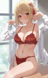 Rule 34 | 1girl, blonde hair, blush, bra, breasts, cleavage, commentary, dress shirt, duplicate, floral print, grin, hair ribbon, hands up, hayate (leaf98k), highres, holding, indoors, lace, lace-trimmed bra, lace-trimmed panties, lace trim, large breasts, long sleeves, looking at viewer, lycoris recoil, navel, nishikigi chisato, one side up, open clothes, open shirt, panties, pixel-perfect duplicate, red bra, red eyes, red panties, red ribbon, ribbon, see-through, shirt, short hair, sitting, skindentation, smile, solo, stomach, teeth, thighs, underwear, white shirt, window