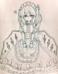 Rule 34 | 1girl, alternate costume, apron, apron hold, blush, bow, breasts, center frills, crystal, enmaided, flandre scarlet, frilled apron, frilled shirt collar, frilled skirt, frilled sleeves, frills, hair between eyes, hair bow, highres, hisako (6anmbblfnjueeff), maid, maid headdress, medium hair, neck ribbon, no legs, one side up, photo (medium), pout, puffy short sleeves, puffy sleeves, ribbon, ribbon-trimmed apron, ribbon trim, sash, short sleeves, sidelocks, sketch, skirt, small breasts, solo, touhou, traditional media, waist bow, wings, wrist cuffs
