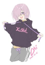 Rule 34 | 1girl, :d, alternate costume, black-framed eyewear, black hoodie, commentary request, cowboy shot, dated, drawstring, fate/grand order, fate (series), glasses, grey pants, hair over one eye, head tilt, highres, holding, hood, hood down, hoodie, long sleeves, looking at viewer, mash kyrielight, open mouth, pants, pink hair, purple eyes, round teeth, signature, simple background, sketch, smile, solo, sweatpants, teeth, upper teeth only, white background, xiao chichi