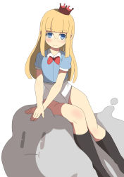 Rule 34 | 1girl, :t, absurdres, bad id, bad pixiv id, black socks, blonde hair, blue eyes, blue shirt, blunt bangs, blush, bow, bowtie, closed mouth, collared shirt, crown, glasses, highres, kneehighs, leotard, leotard under clothes, long hair, looking at viewer, mini crown, no shoes, original, pout, puffy short sleeves, puffy sleeves, red bow, red bowtie, round eyewear, shirt, short sleeves, simple background, sitting, socks, solo, surio, white background, white leotard