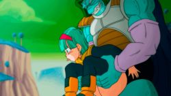 Rule 34 | 1boy, 1girl, alien, anal, animated, animated gif, blue eyes, blue grass, blue tree, blunt bangs, blush, boots, bulma, bumpy penis, cleft of venus, clenched teeth, clothed sex, cloud, day, dragon ball, dragonball z, earrings, gif artifacts, green hair, green sky, hairband, held up, hetero, interspecies, jewelry, muscular, muscular male, namek, orange footwear, outdoors, penis out, public indecency, pussy, red hairband, reverse suspended congress, saiyan armor, sex, sex from behind, spiked penis, standing, stud earrings, tagme, teeth, uncensored, yamamoto doujin, zarbon