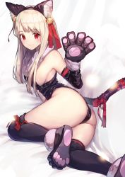 Rule 34 | 1girl, absurdres, animal ear fluff, animal ears, animal hands, ass, bare shoulders, bell, black gloves, black thighhighs, blush, breasts, cat ears, cat tail, center opening, elbow gloves, fake animal ears, fate/kaleid liner prisma illya, fate (series), fur collar, gloves, hair between eyes, hair ribbon, highres, illyasviel von einzbern, illyasviel von einzbern (beast style), jingle bell, legs, long hair, looking at viewer, nakanishi tatsuya, paw gloves, red eyes, ribbon, sidelocks, small breasts, smile, solo, tail, thighhighs, thighs, white background, white hair