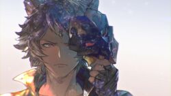 Rule 34 | 1boy, animal ears, bandaged hand, bandages, black jacket, closed mouth, erune, granblue fantasy, grey hair, highres, holding, holding mask, jacket, looking at viewer, male focus, mask, minaba hideo, official art, seox (granblue fantasy), short hair, solo